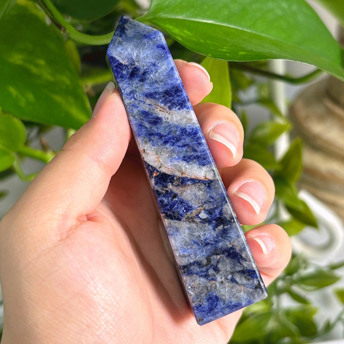 Polished Natural Sodalite Crystal Obelisk Tower Point for Home Décor, Energy Focus, Balance, and Aesthetic Display - 12-0160