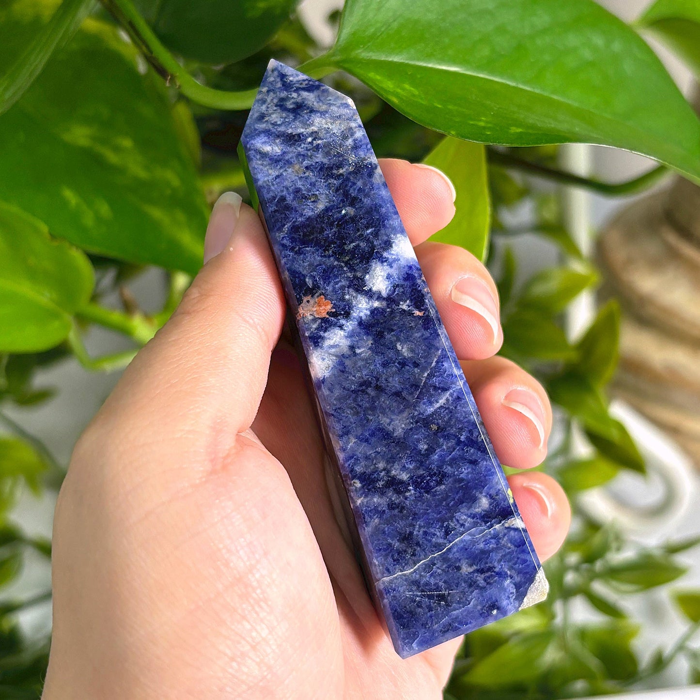 Polished Natural Sodalite Crystal Obelisk Tower Point for Home Décor, Energy Focus, Balance, and Aesthetic Display - 12-0160