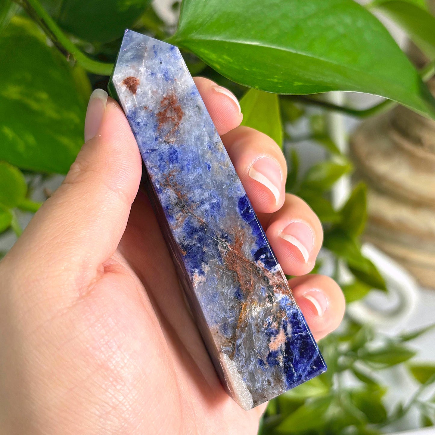 Polished Natural Sodalite Crystal Obelisk Tower Point for Home Décor, Energy Focus, Balance, and Aesthetic Display - 12-0160