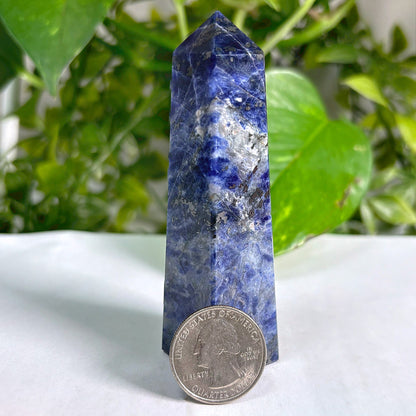 Polished Natural Sodalite Crystal Obelisk Tower Point for Home Décor, Energy Focus, Balance, and Aesthetic Display - 12-0160