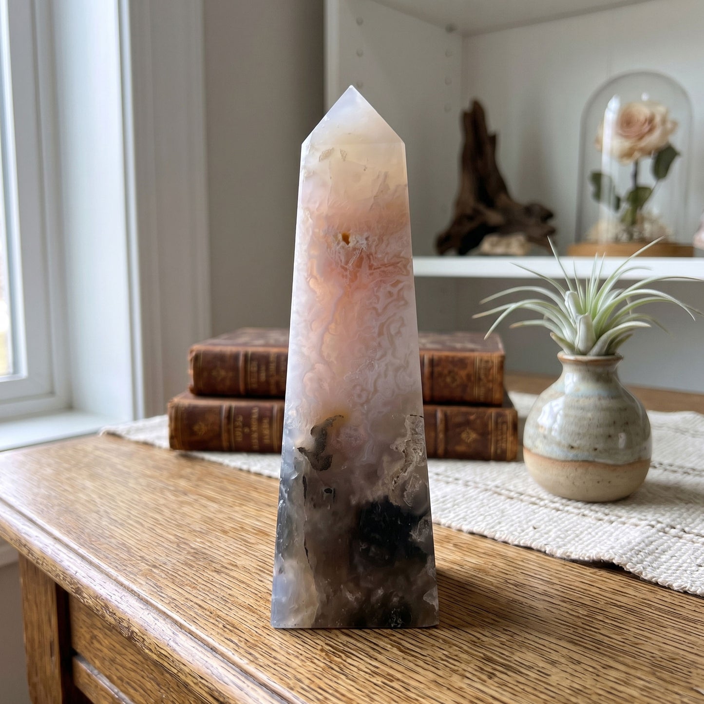 Natural Pink Plume Agate Obelisk Tower Point, Unique Raw Crystal with Distinctive Patterns, Ideal for Collectors, Display, and Home Decor - 12-0161
