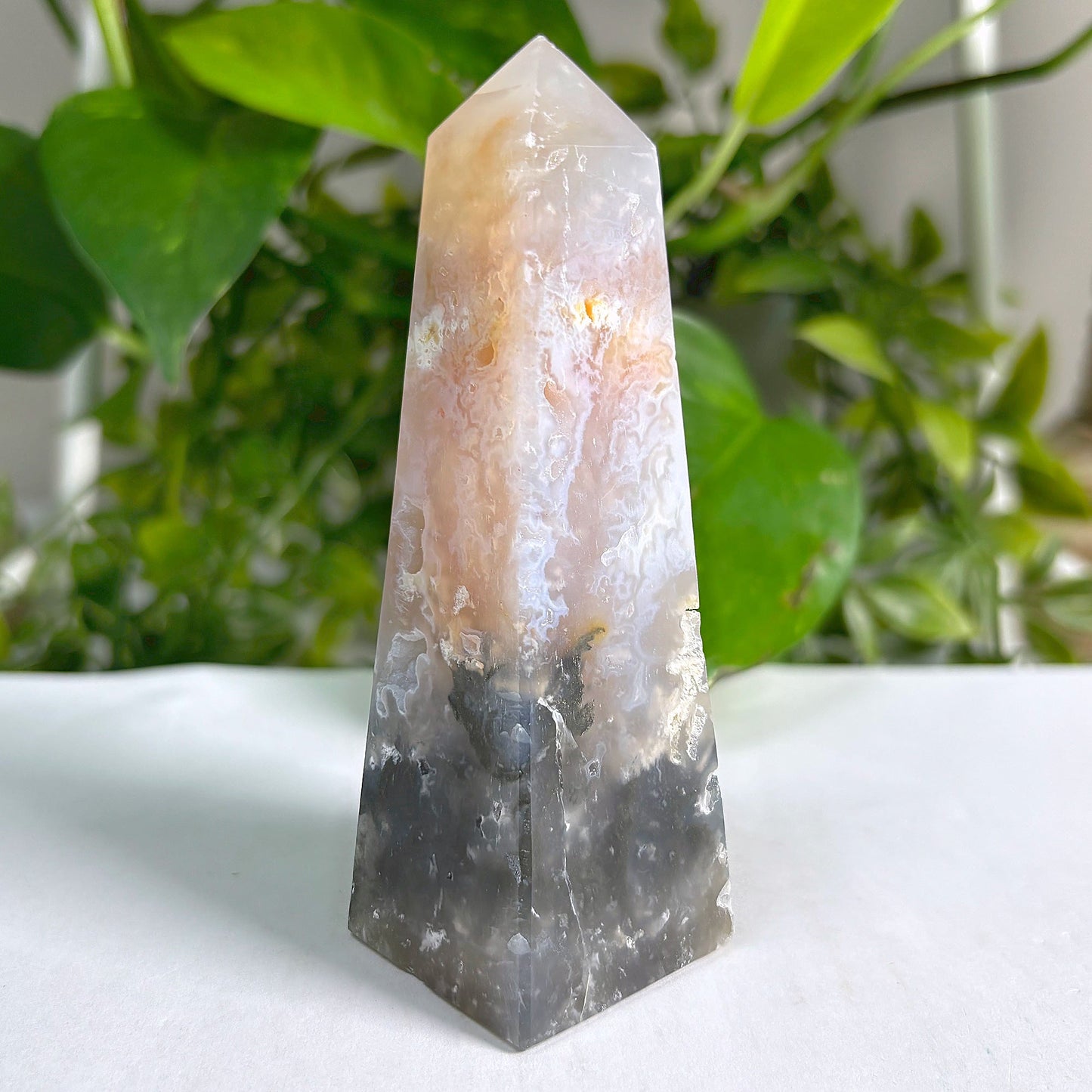 Natural Pink Plume Agate Obelisk Tower Point, Unique Raw Crystal with Distinctive Patterns, Ideal for Collectors, Display, and Home Decor - 12-0161
