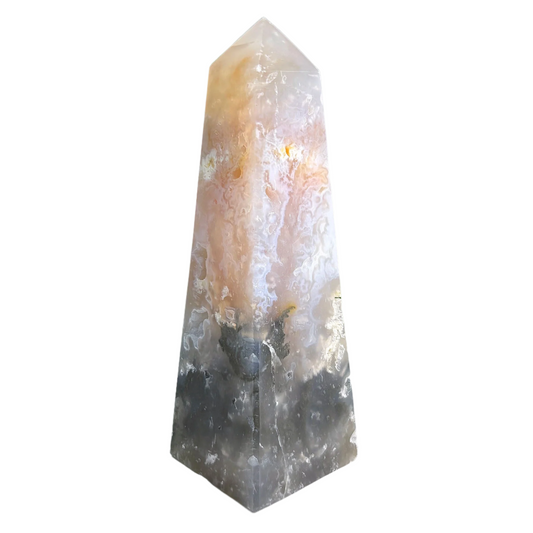 Natural Pink Plume Agate Obelisk Tower Point, Unique Raw Crystal with Distinctive Patterns, Ideal for Collectors, Display, and Home Decor - 12-0161