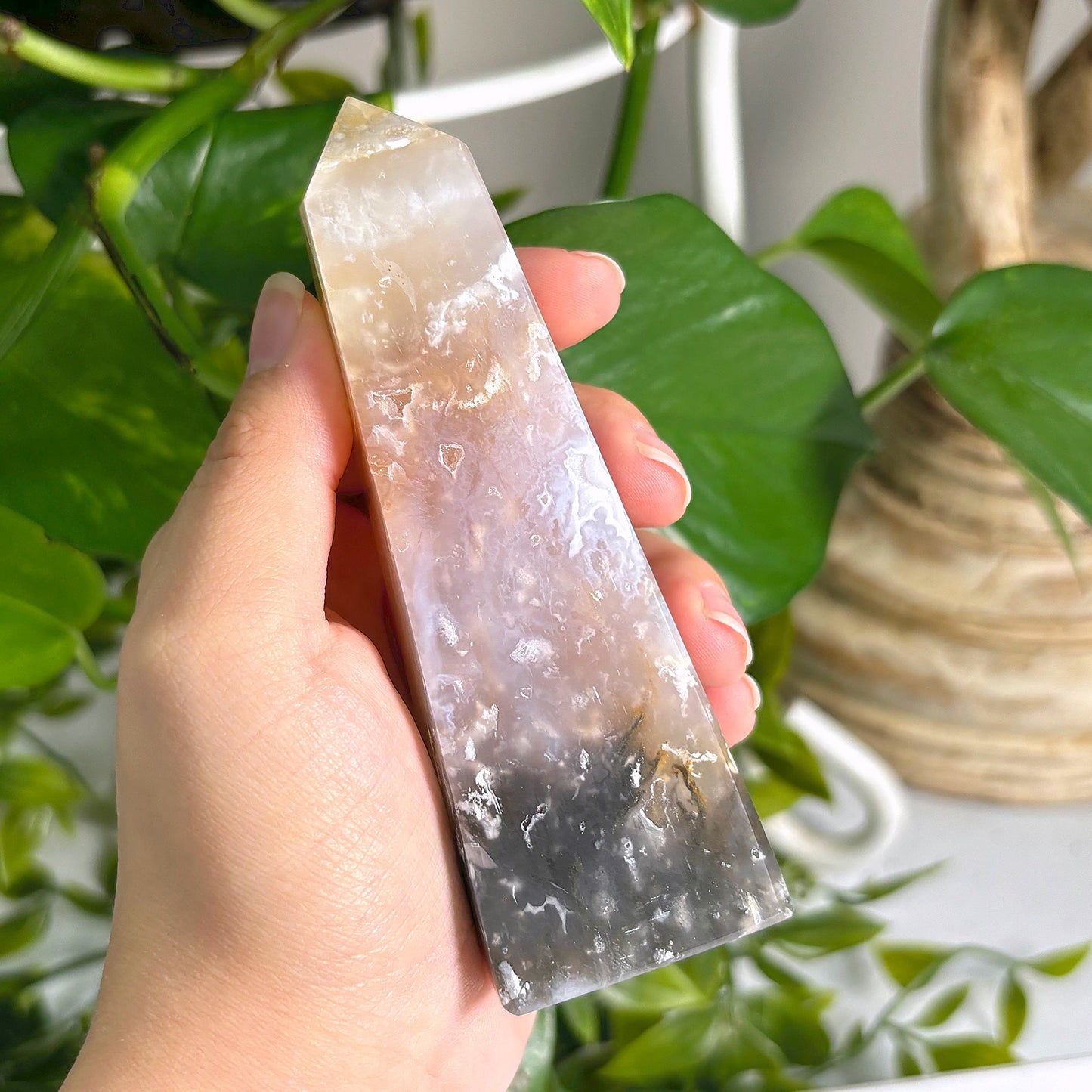 Natural Pink Plume Agate Obelisk Tower Point, Unique Raw Crystal with Distinctive Patterns, Ideal for Collectors, Display, and Home Decor - 12-0161