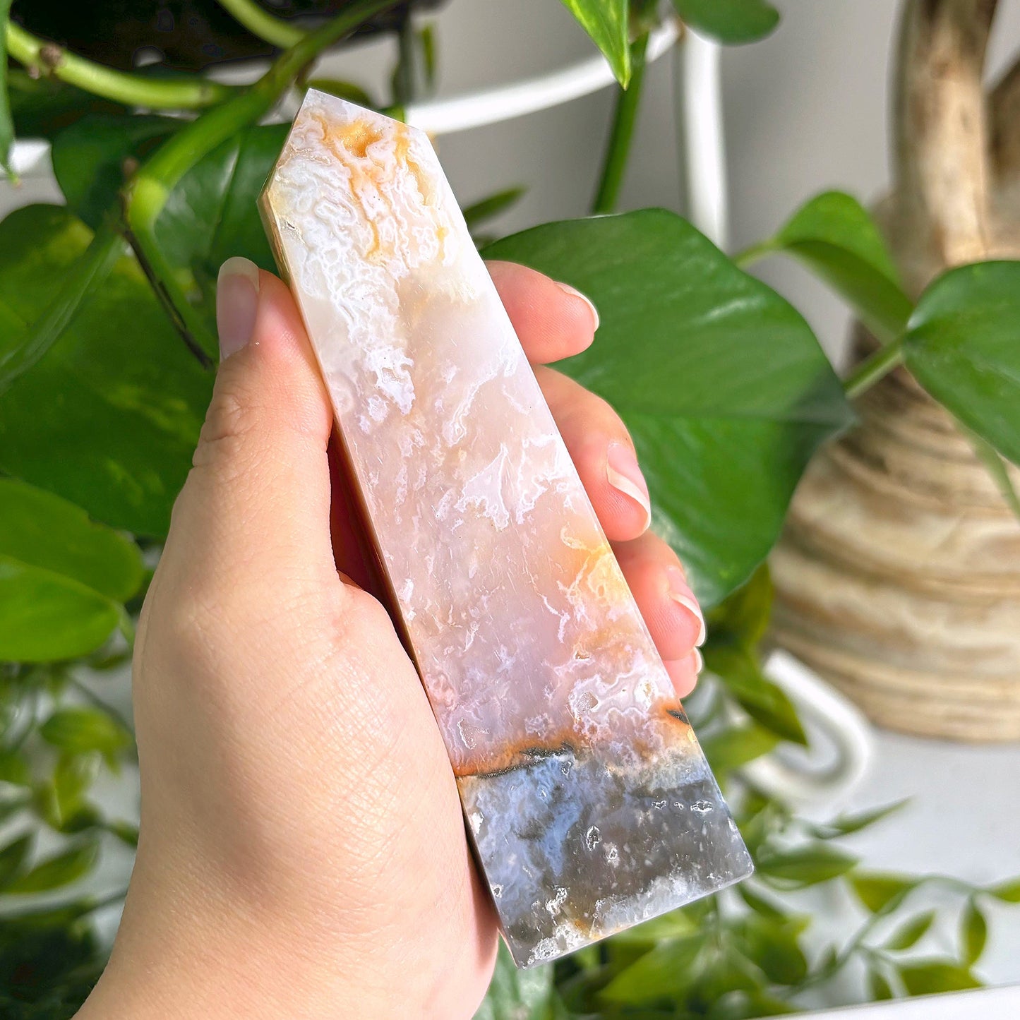 Natural Pink Plume Agate Obelisk Tower Point, Unique Raw Crystal with Distinctive Patterns, Ideal for Collectors, Display, and Home Decor - 12-0161