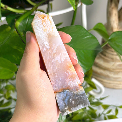Natural Pink Plume Agate Obelisk Tower Point, Unique Raw Crystal with Distinctive Patterns, Ideal for Collectors, Display, and Home Decor - 12-0161