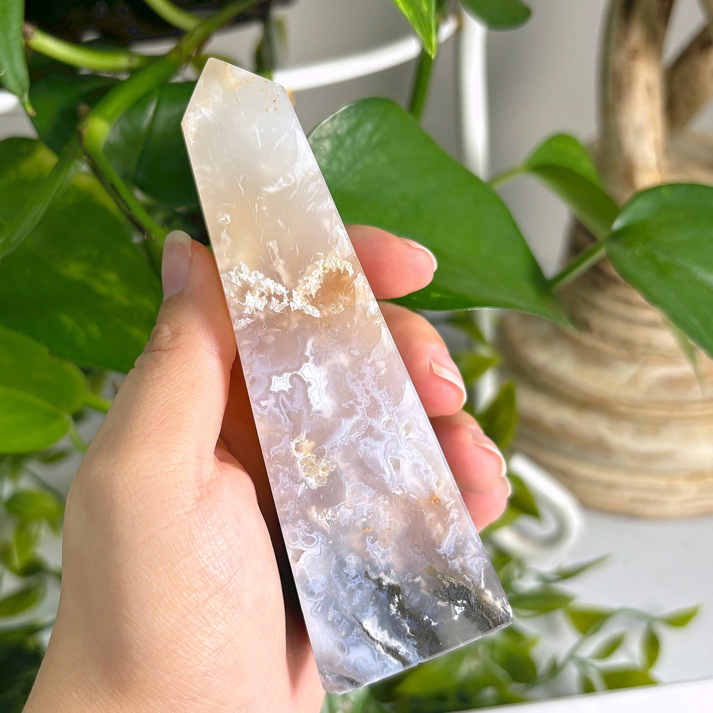Natural Pink Plume Agate Obelisk Tower Point, Unique Raw Crystal with Distinctive Patterns, Ideal for Collectors, Display, and Home Decor - 12-0161