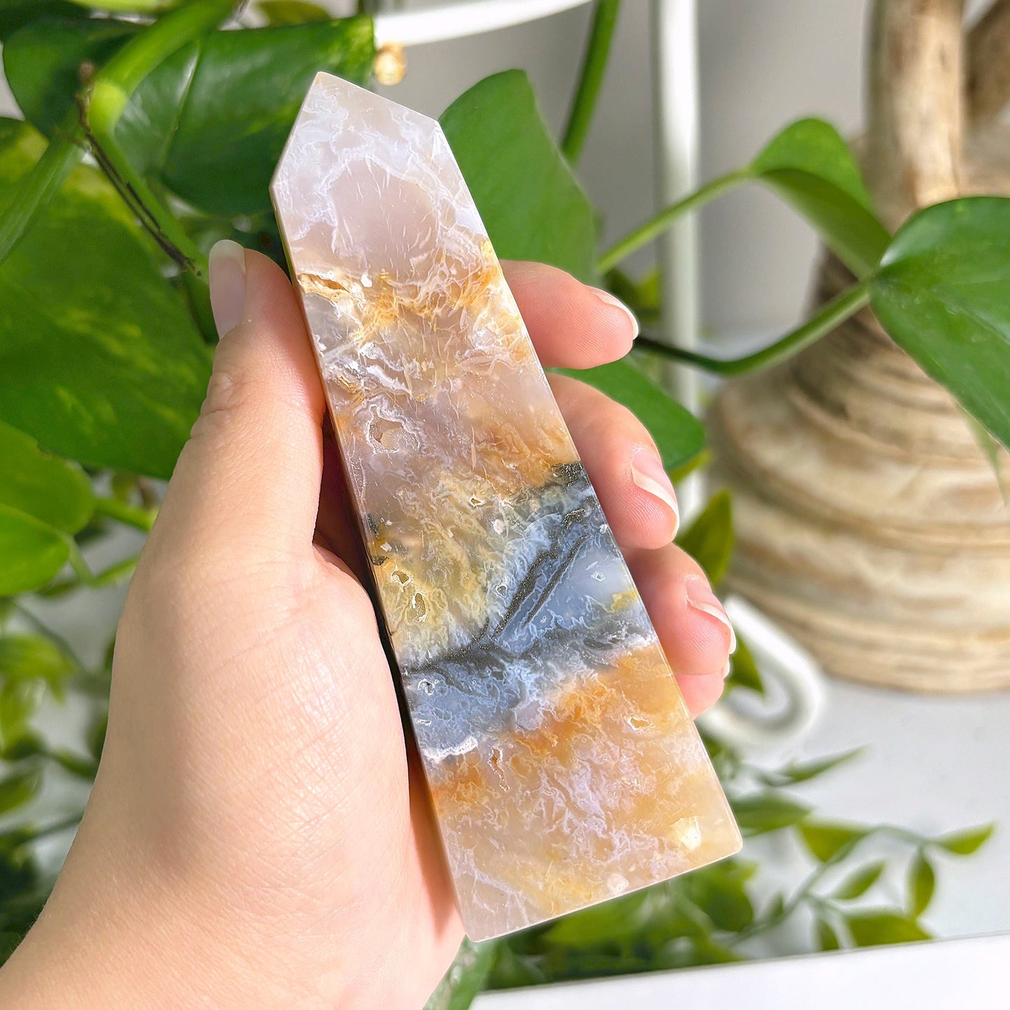 Natural Pink Plume Agate Obelisk Tower Point, Unique Raw Crystal with Distinctive Patterns, Ideal for Collectors, Display, and Home Decor - 12-0161