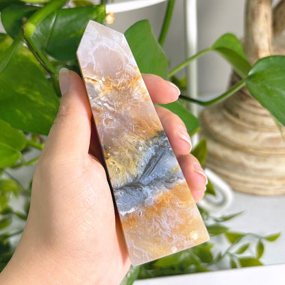 Natural Pink Plume Agate Obelisk Tower Point, Unique Raw Crystal with Distinctive Patterns, Ideal for Collectors, Display, and Home Decor - 12-0161