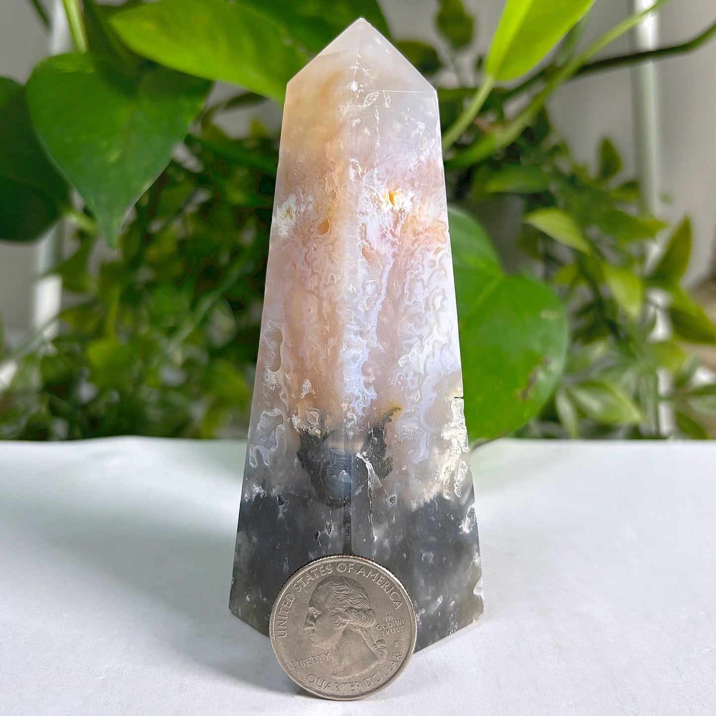 Natural Pink Plume Agate Obelisk Tower Point, Unique Raw Crystal with Distinctive Patterns, Ideal for Collectors, Display, and Home Decor - 12-0161