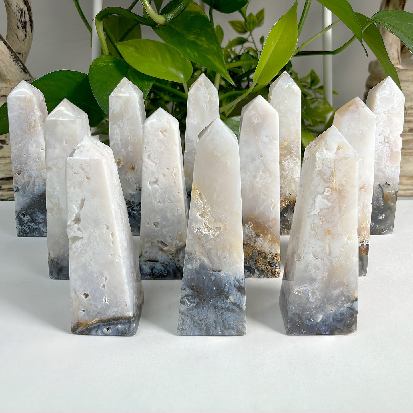 Natural Plume Agate Obelisk Tower Point Featuring Unique Patterns and Soft Earth Tones, Ideal for Home or Office Display, Collectors, and Decorative Use - 12-0162