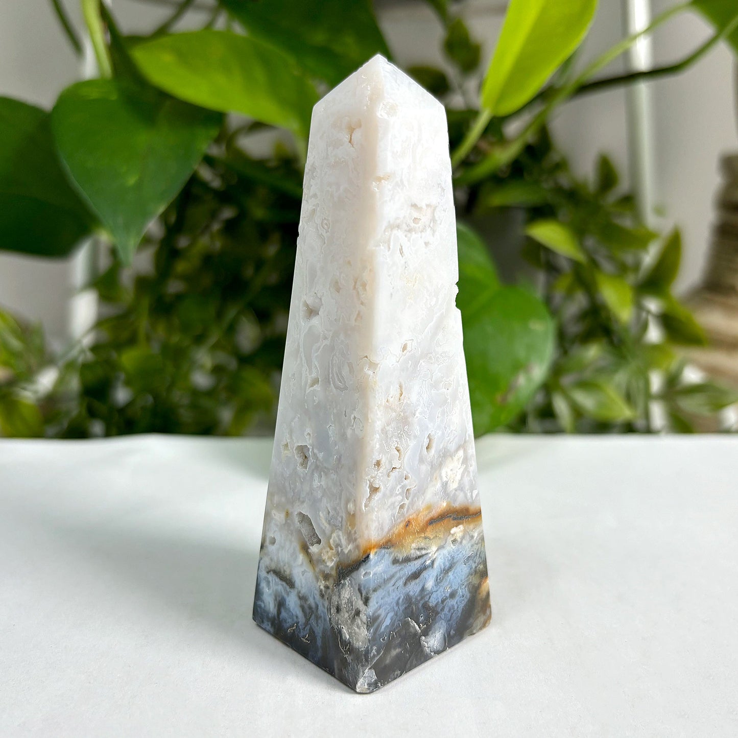 Natural Plume Agate Obelisk Tower Point Featuring Unique Patterns and Soft Earth Tones, Ideal for Home or Office Display, Collectors, and Decorative Use - 12-0162