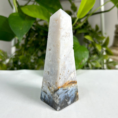 Natural Plume Agate Obelisk Tower Point Featuring Unique Patterns and Soft Earth Tones, Ideal for Home or Office Display, Collectors, and Decorative Use - 12-0162