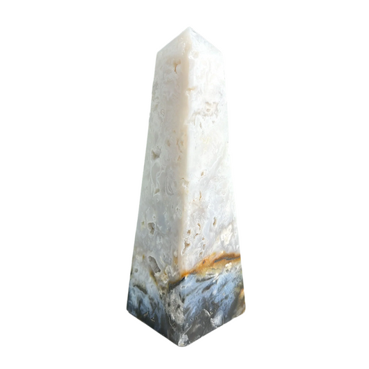 Natural Plume Agate Obelisk Tower Point Featuring Unique Patterns and Soft Earth Tones, Ideal for Home or Office Display, Collectors, and Decorative Use - 12-0162