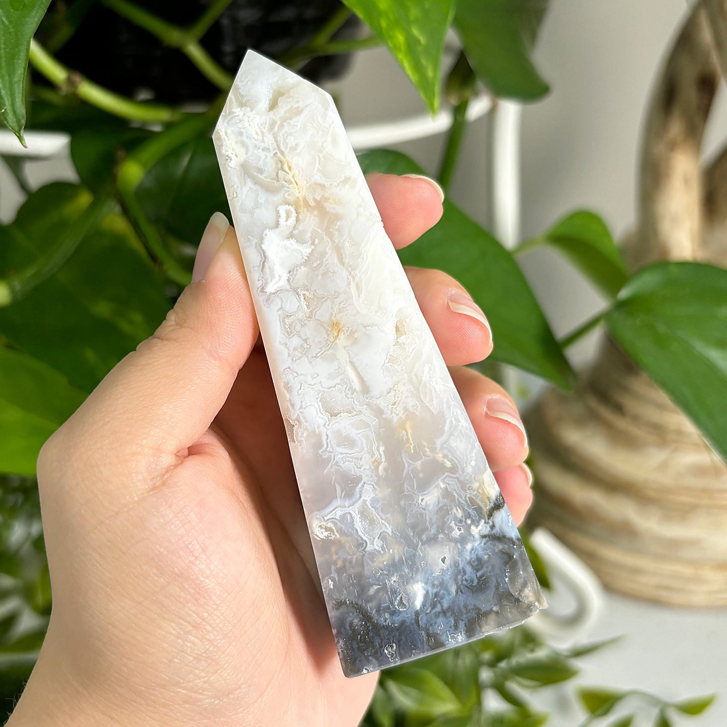 Natural Plume Agate Obelisk Tower Point Featuring Unique Patterns and Soft Earth Tones, Ideal for Home or Office Display, Collectors, and Decorative Use - 12-0162