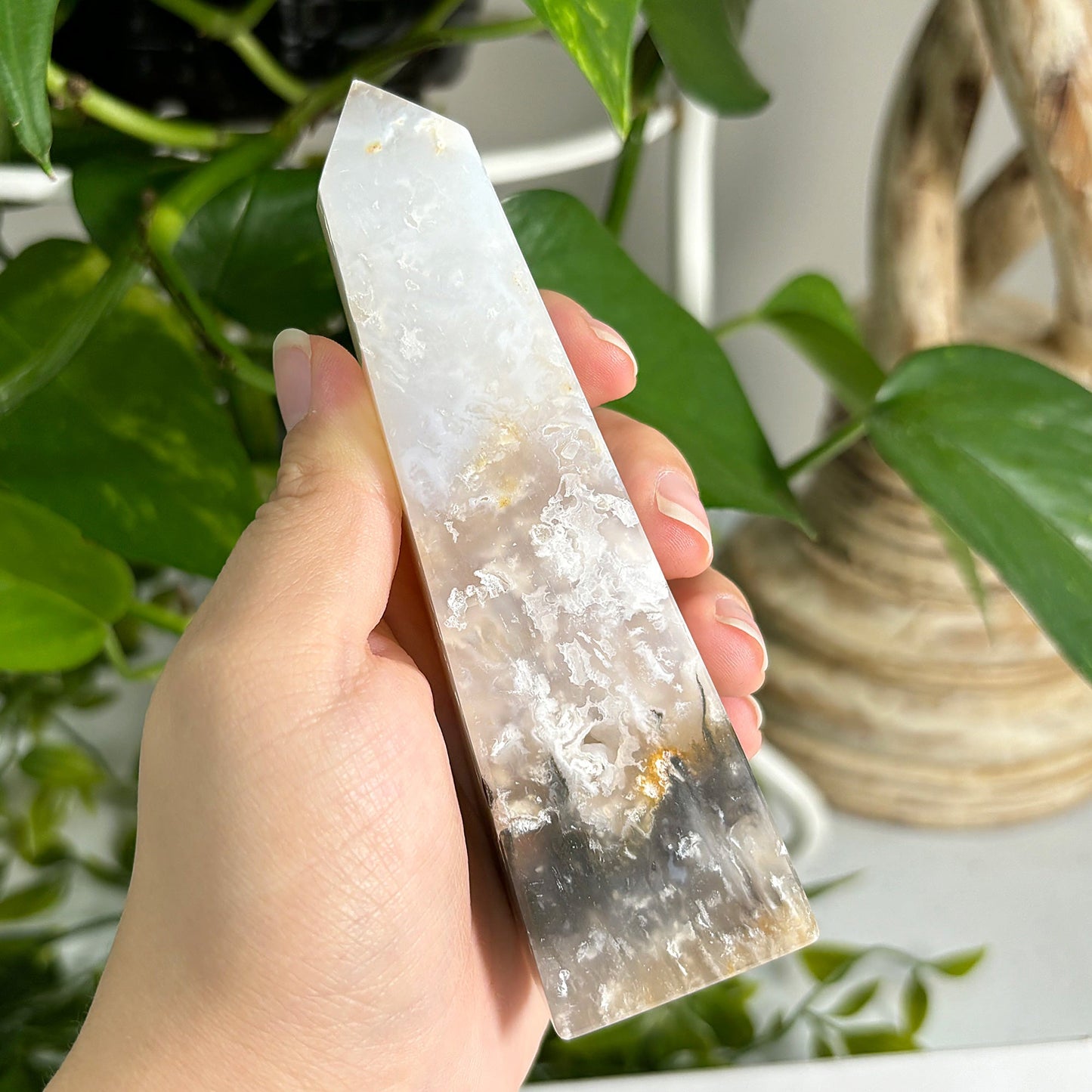 Natural Plume Agate Obelisk Tower Point Featuring Unique Patterns and Soft Earth Tones, Ideal for Home or Office Display, Collectors, and Decorative Use - 12-0162