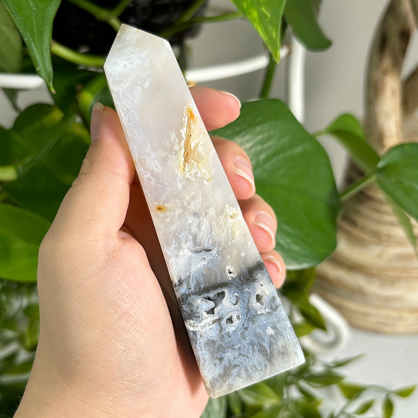 Natural Plume Agate Obelisk Tower Point Featuring Unique Patterns and Soft Earth Tones, Ideal for Home or Office Display, Collectors, and Decorative Use - 12-0162