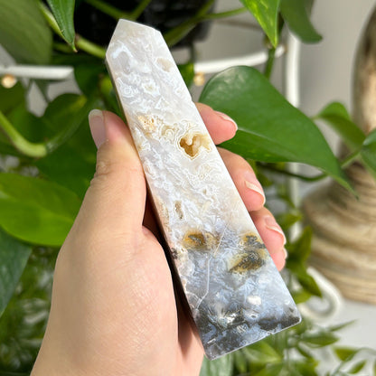 Natural Plume Agate Obelisk Tower Point Featuring Unique Patterns and Soft Earth Tones, Ideal for Home or Office Display, Collectors, and Decorative Use - 12-0162