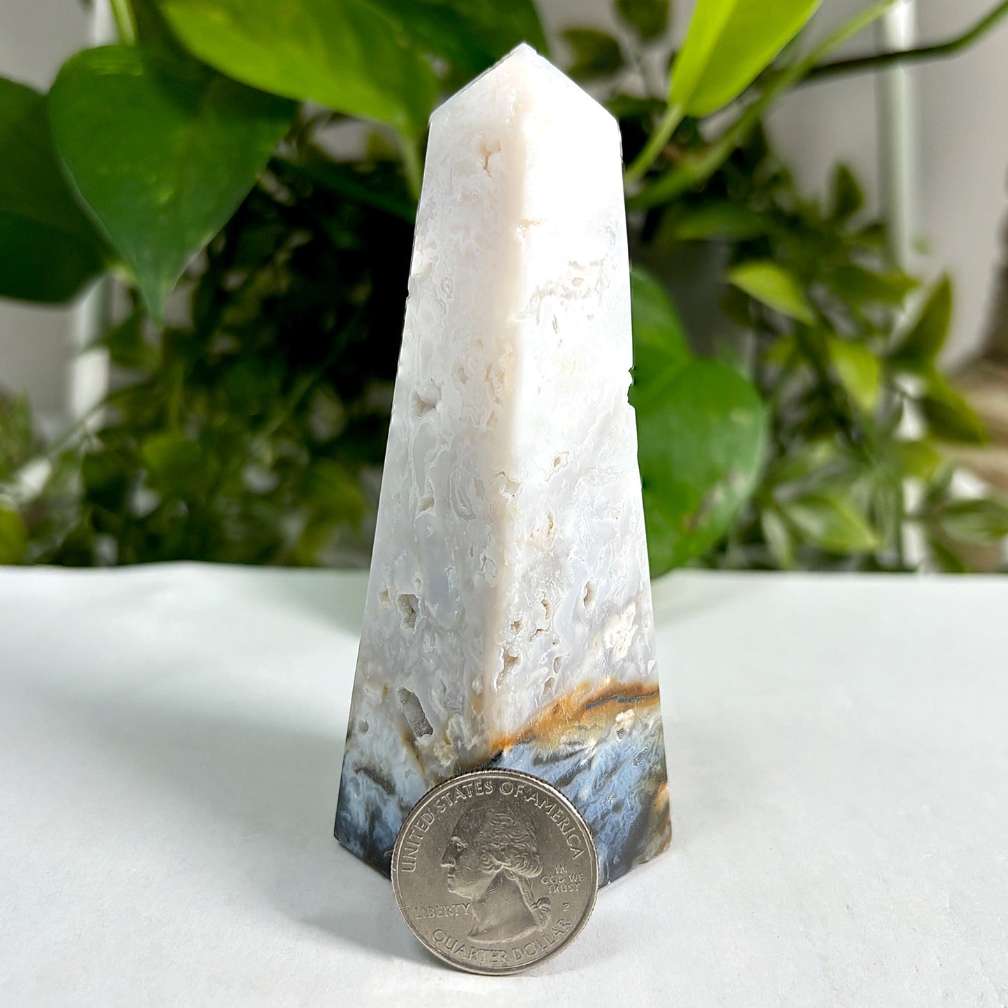 Natural Plume Agate Obelisk Tower Point Featuring Unique Patterns and Soft Earth Tones, Ideal for Home or Office Display, Collectors, and Decorative Use - 12-0162