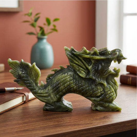 Hand Carved Dragon Nephrite Jade Crystal Figurine 8 to 8.7 Oz