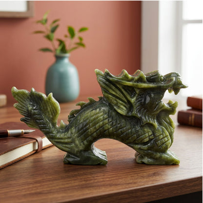 Hand Carved Dragon Nephrite Jade Crystal Figurine 8 to 8.7 Oz