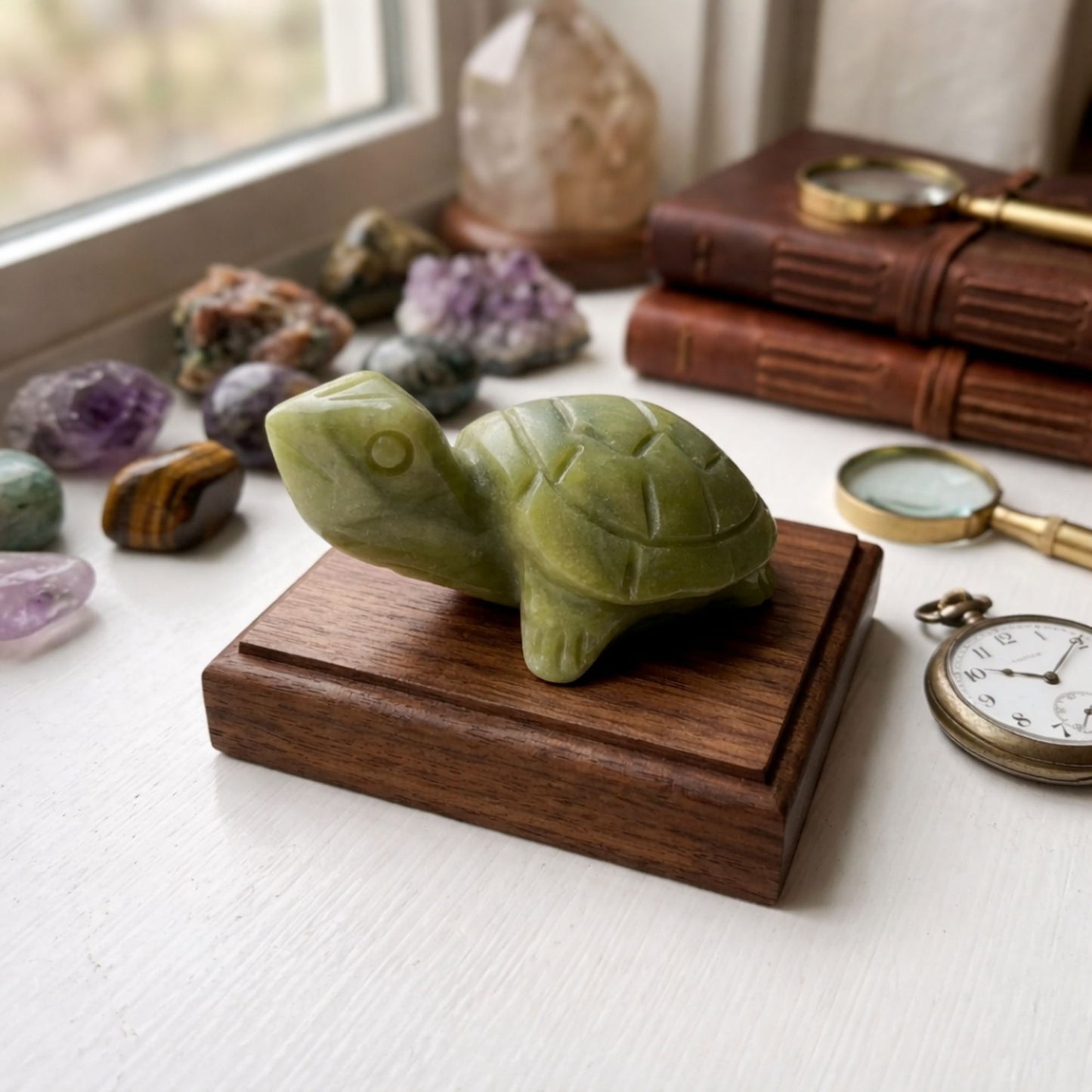 Hand-Carved Nephrite Jade Turtle Natural Crystal Gemstone Figurine for Healing, Feng Shui, Protection & Home Decor - 14-0107