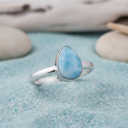 Natural Larimar Gemstone Ring in 925 Sterling Silver Handmade Boho Minimalist Jewelry - GR547