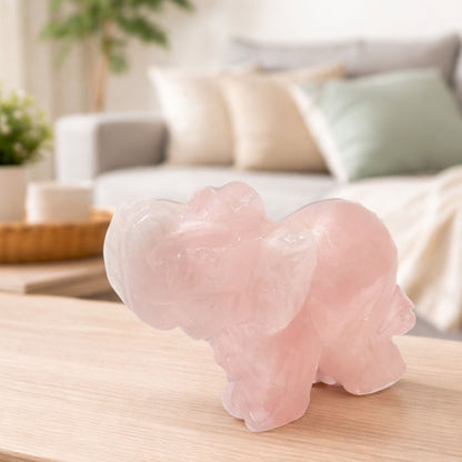 Hand-Carved Rose Quartz Elephant Crystal Gemstone Carving