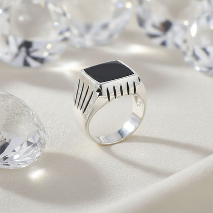 Men's 925 Sterling Silver Black Onyx Ring Bold Square Stone Jewelry - GR574