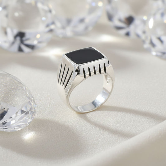 Men's 925 Sterling Silver Black Onyx Ring Bold Square Stone Jewelry - GR574