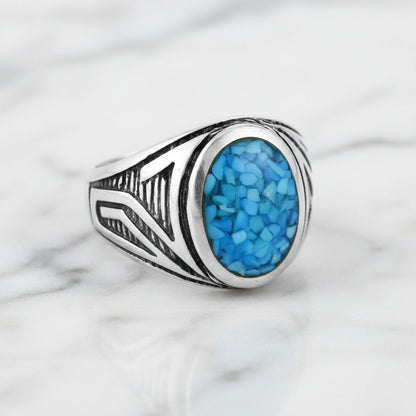 Men's 925 Sterling Silver Turquoise Ring Vintage Oval Blue Stone Handmade Jewelry - GR575