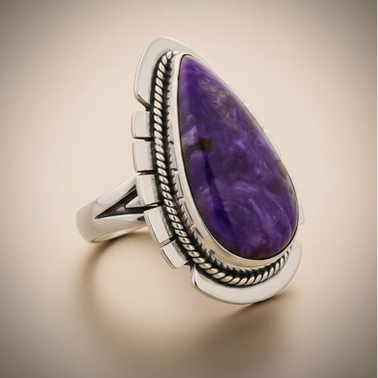 925 Sterling Silver Teardrop Charoite Gemstone Ring Handmade Boho Vintage Jewelry for Women - GR573