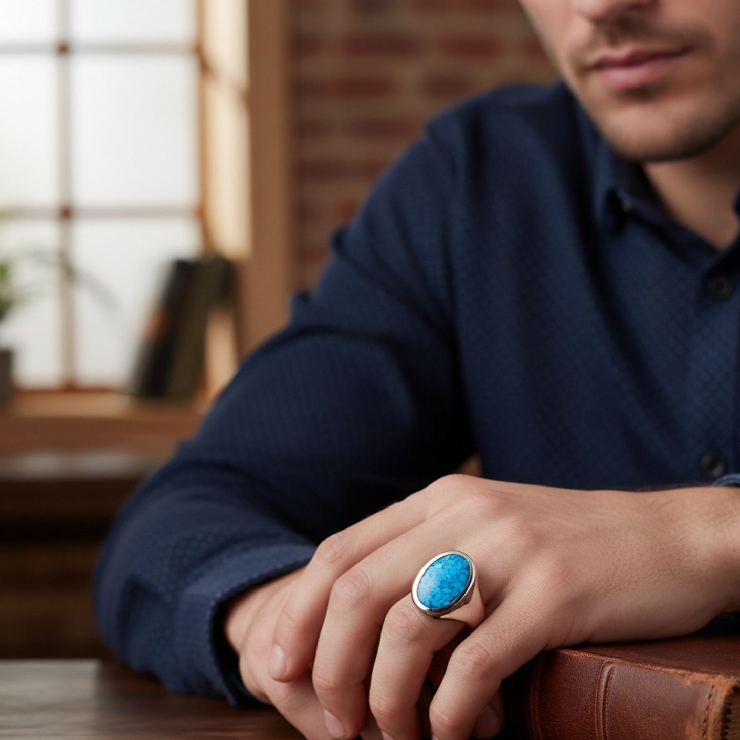 Men's 925 Sterling Silver Blue Turquoise Ring Vintage Oval Stone Design, Handmade Statement Jewelry - GR578