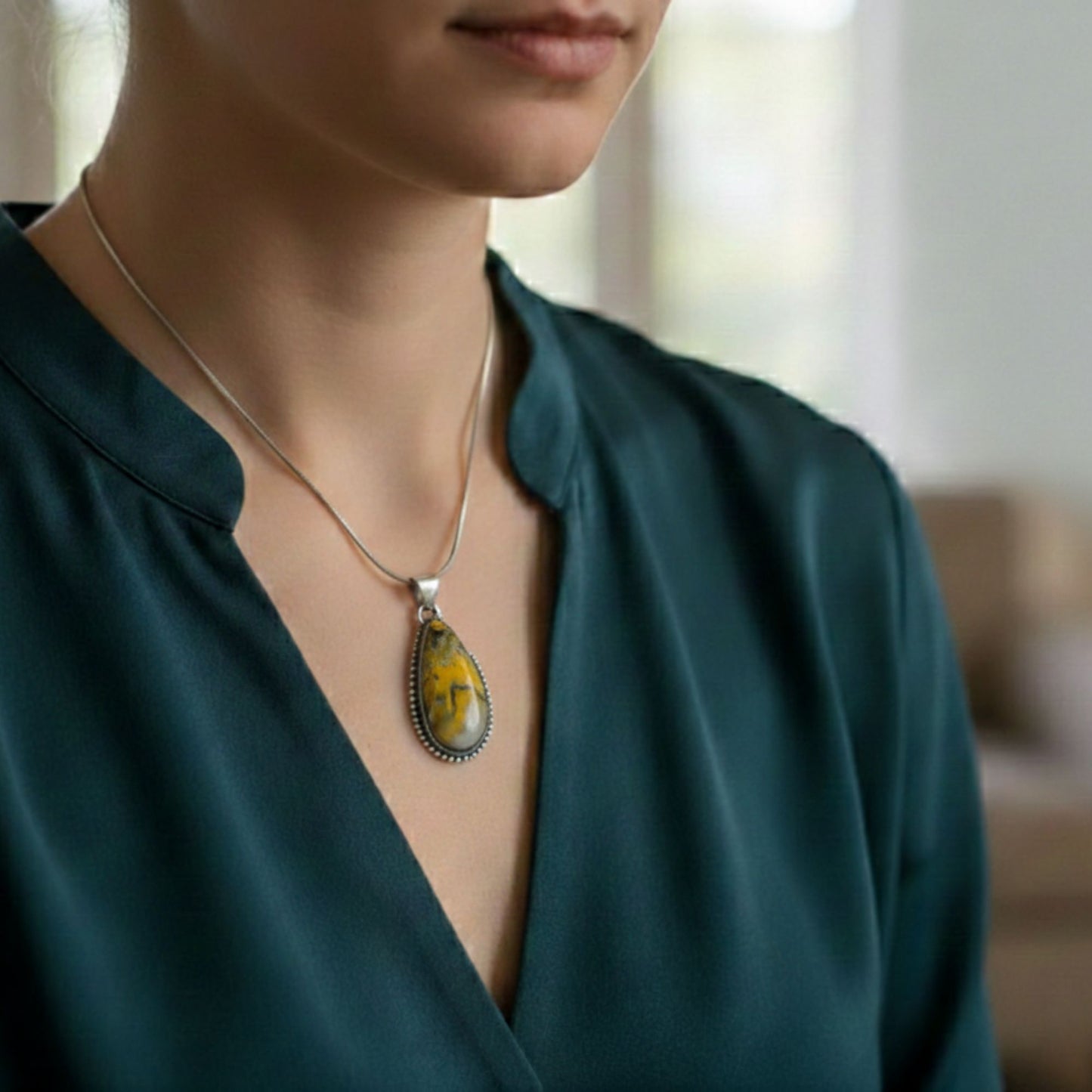 Bumble Bee Jasper Teardrop Pendant in 925 Sterling Silver Natural Yellow Black Jasper Gemstone Necklace - GP335