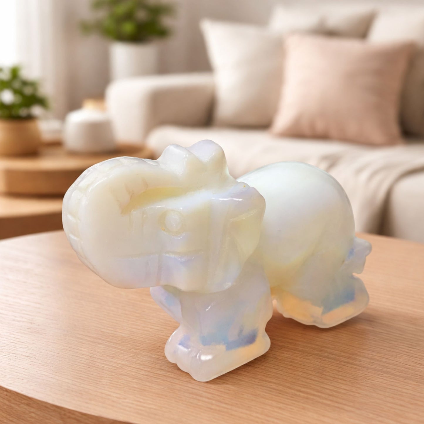 Hand-Carved Opalite Elephant Crystal Gemstone Carving