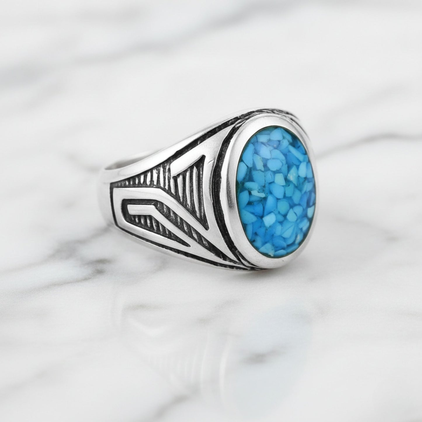 Men's 925 Sterling Silver Turquoise Ring Vintage Oval Blue Stone Handmade Jewelry - GR575