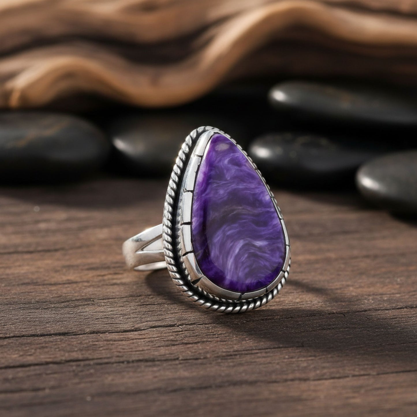 925 Sterling Silver Teardrop Charoite Gemstone Ring Handmade Boho Vintage Statement Jewelry Gift for Women - GR568