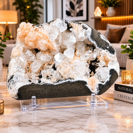Apophyllite Stilbite & Chalcedony Cluster with Stilbite Large Mineral Specimen India 6.5"