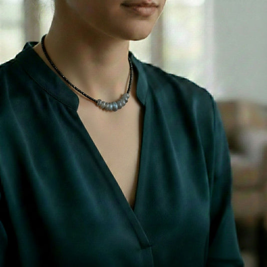 1.5mm Natural Labradorite and Black Spinel Gemstone Necklace