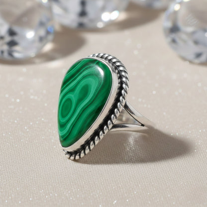 Teardrop Malachite Gemstone Ring 925 Sterling Silver Handmade Boho Vintage Statement Jewelry Gift for Women - GR566