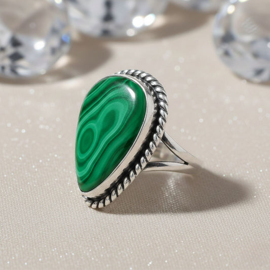 Teardrop Malachite Gemstone Ring 925 Sterling Silver Handmade Boho Vintage Statement Jewelry Gift for Women - GR566