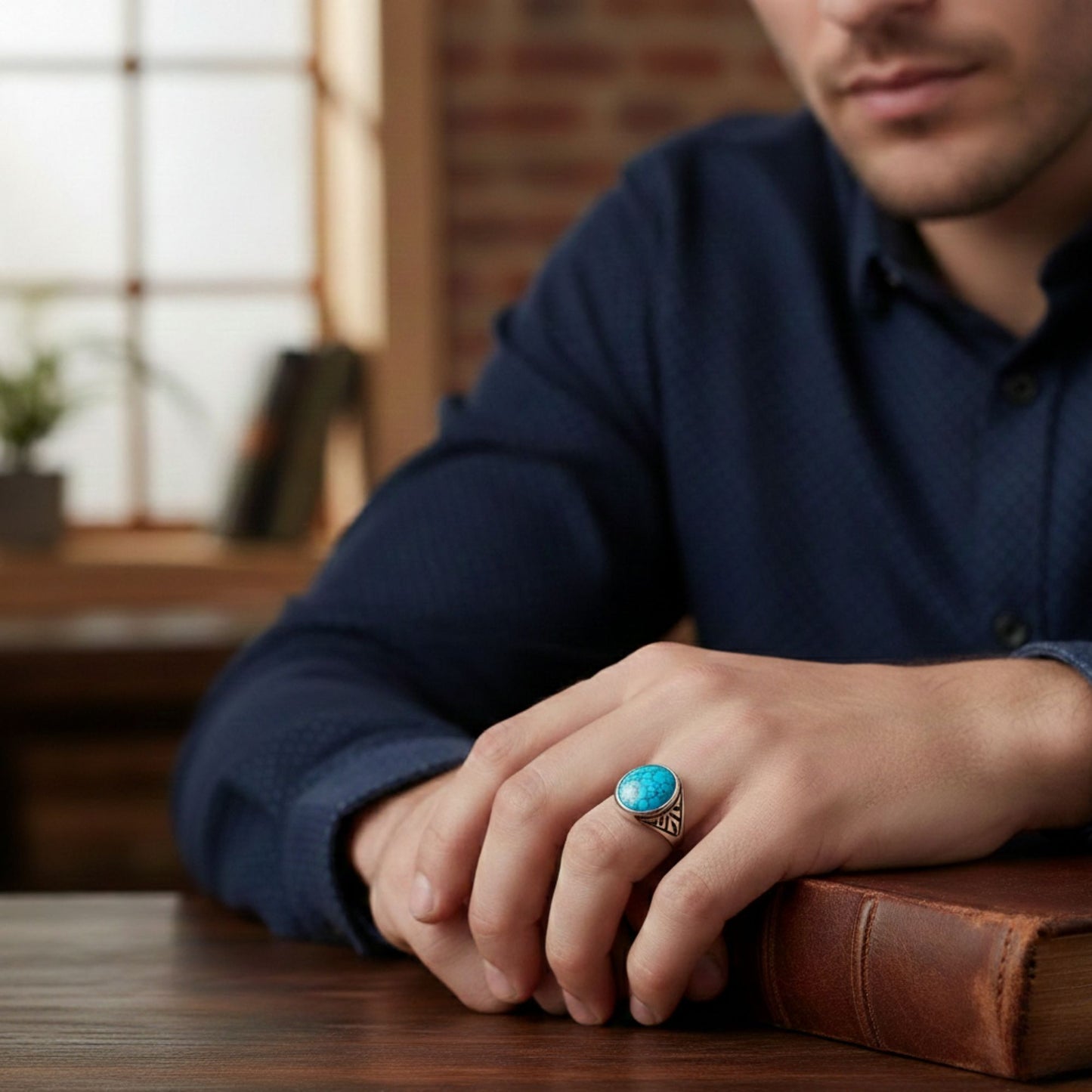 Men's 925 Sterling Silver Turquoise Ring Vintage Oval Blue Stone Handmade Jewelry - GR575