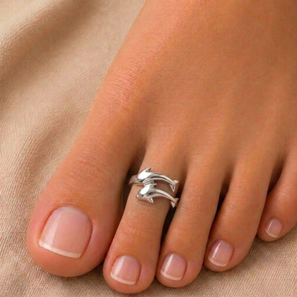 925 Sterling Silver Twin Dolphin Toe Ring Beach Jewelry Adjustable Small Toe Ring