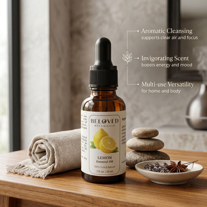 Beloved Botanicals Lemon Essential Oil 30ml (1 Fl Oz) 100% Pure & Natural Citrus Limon Oil for Aromatherapy, Diffuser, Massage, Home Fragrance, Skin Care & DIY Blends