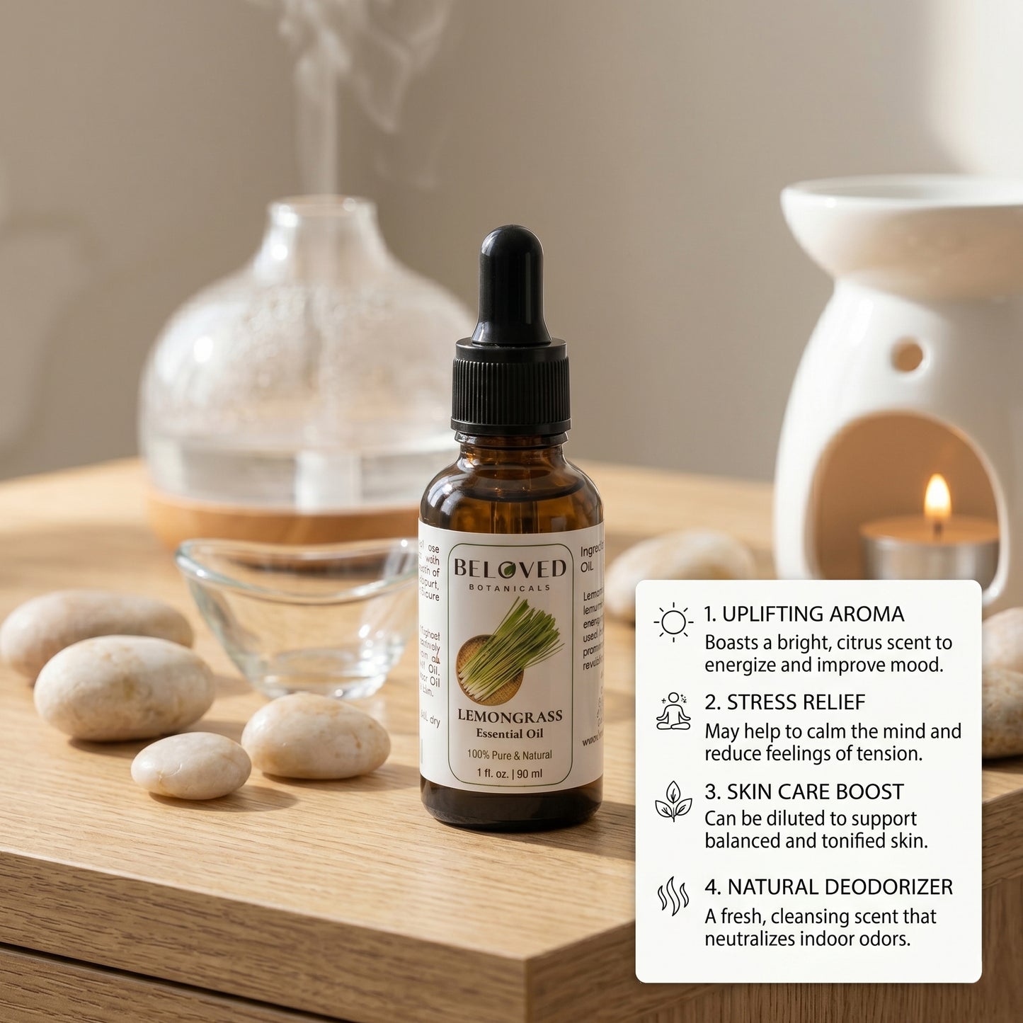 Beloved Botanicals Lemongrass Essential Oil 30ml (1 Fl Oz) 100% Pure & Natural Cymbopogon Flexuosus Oil for Aromatherapy, Diffuser, Massage, Home Fragrance & DIY Blends