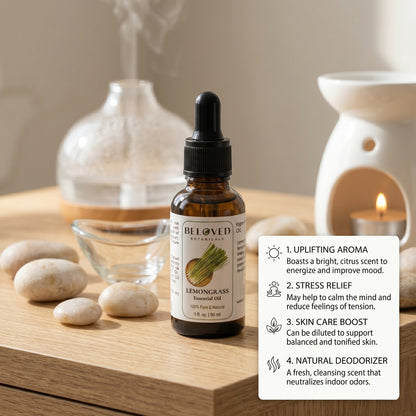 Beloved Botanicals Lemongrass Essential Oil 30ml (1 Fl Oz) 100% Pure & Natural Cymbopogon Flexuosus Oil for Aromatherapy, Diffuser, Massage, Home Fragrance & DIY Blends