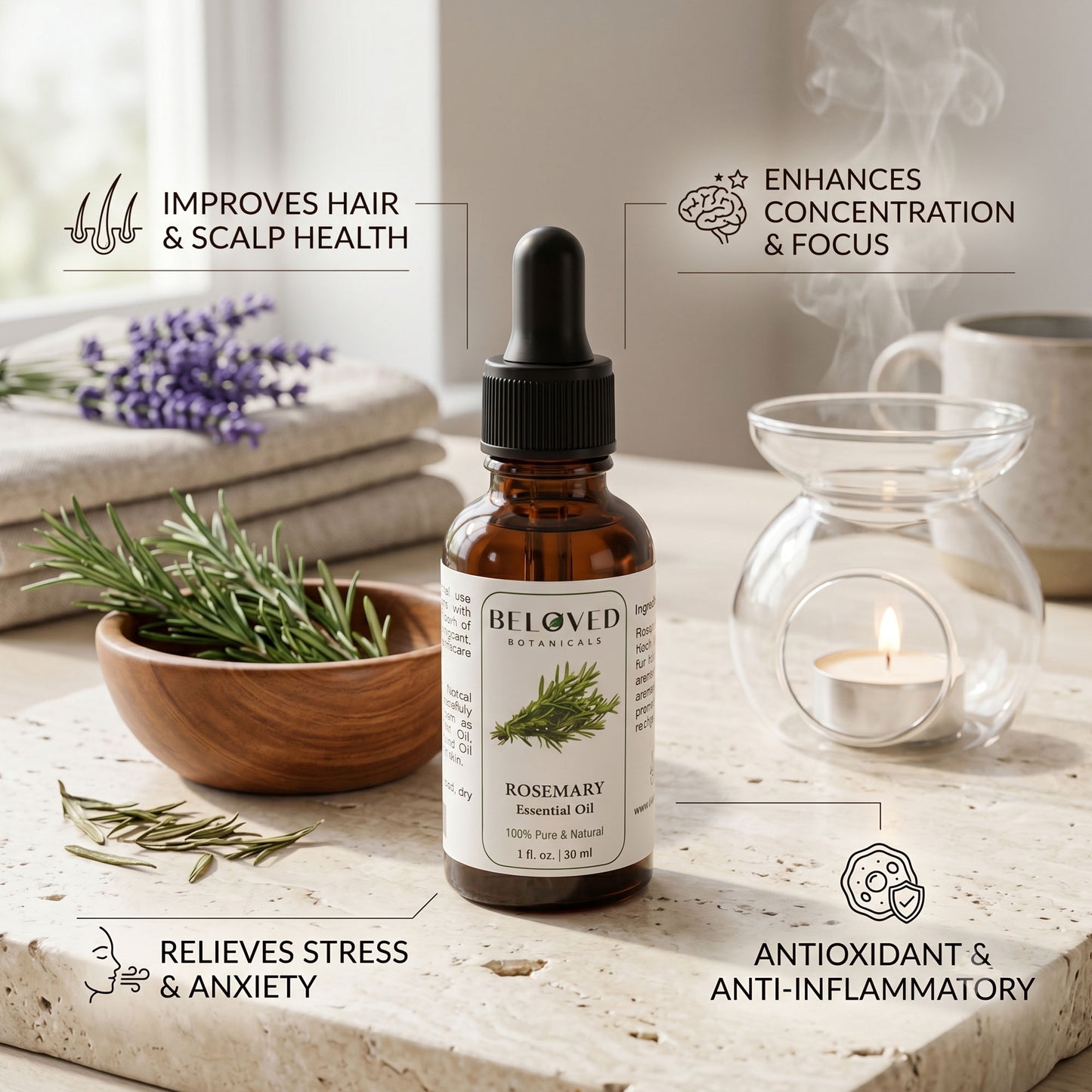 Beloved Botanicals Rosemary Essential Oil 30ml (1 Fl Oz) 100% Pure & Natural Rosmarinus Officinalis Oil for Aromatherapy, Diffuser, Massage, Home Fragrance & DIY Blends