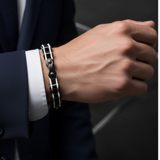 Men's Stainless Steel Black and White Link Chain 8.5 inch Bracelet