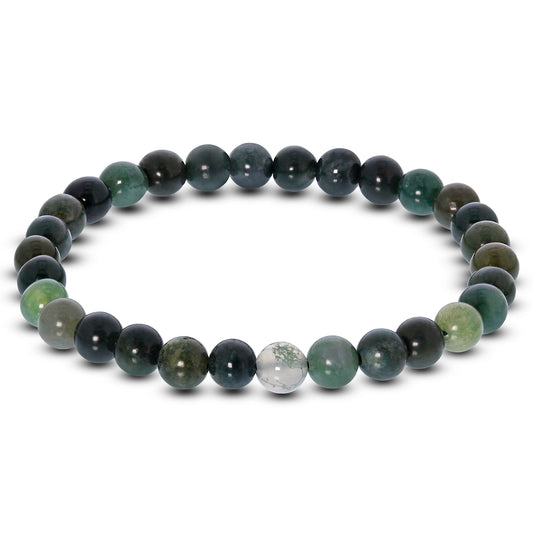 Moss Agate Gemstone Round Bead Unisex Stretch Bracelet - Gem Avenue
