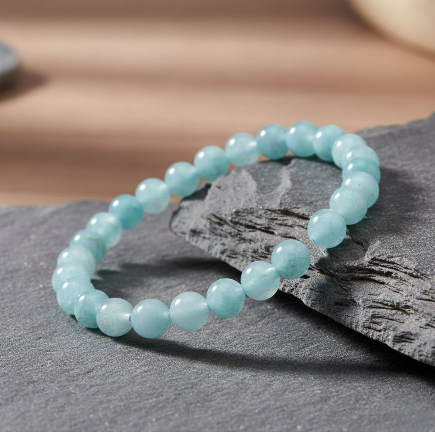 6mm Aquamarine Gemstone Round Bead Unisex Stretch Bracelet